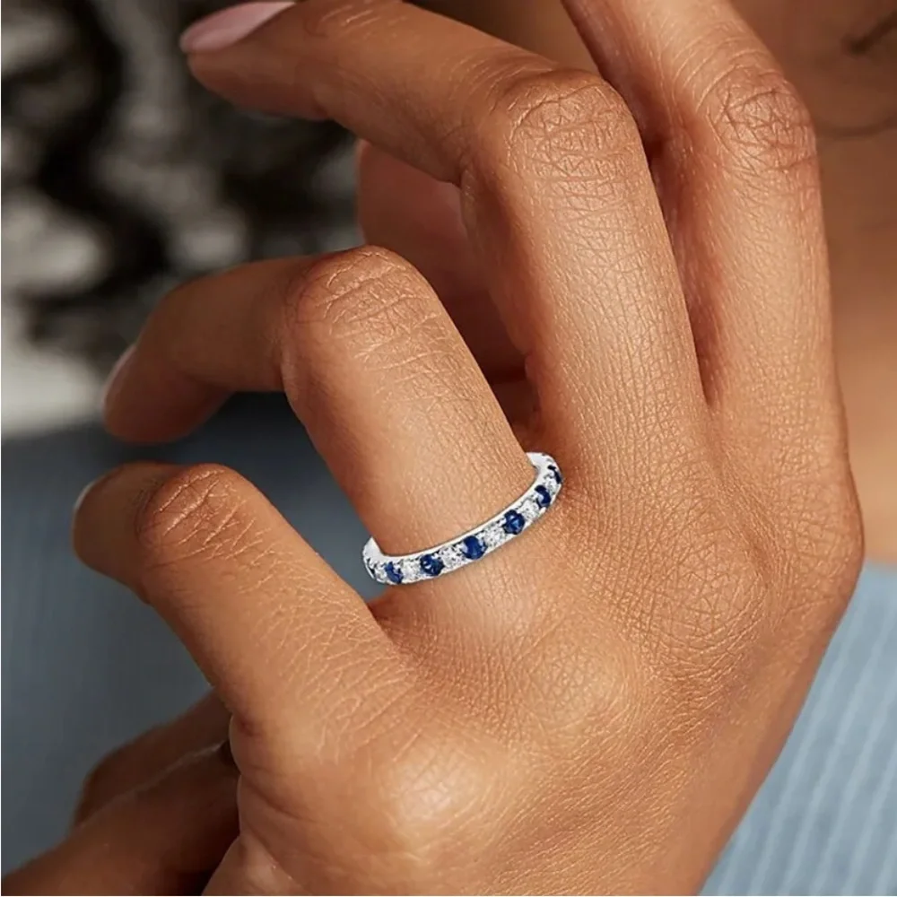 New Sterling Silver Blue & White Sapphires Thin Band